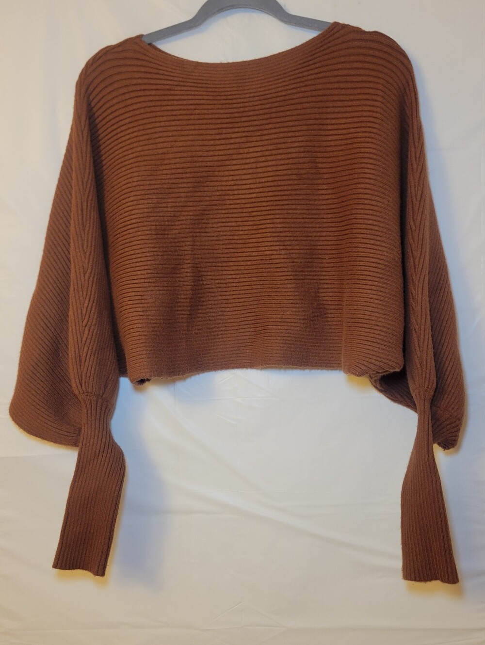 JustFab Ribbed Cropped Boatneck Sweater in Brown